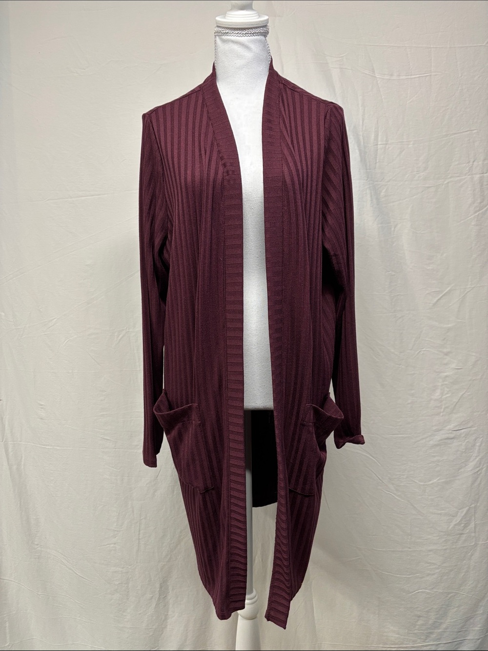 Reitmans Ribbed Open-Front Long Cardigan - Wine/Burgundy